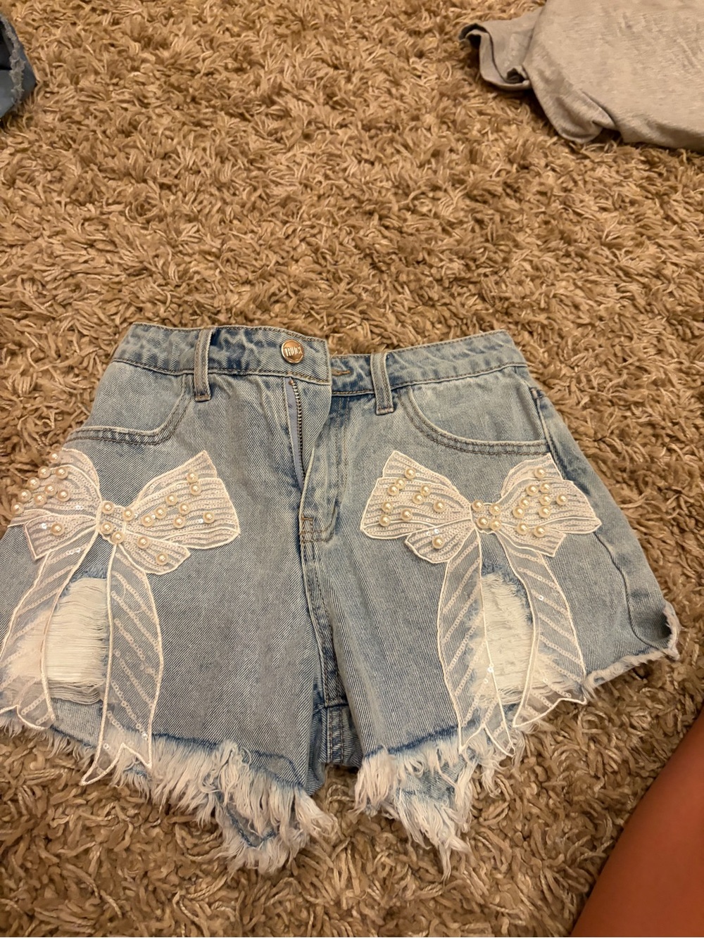 Light Blue Denim Girls' Shorts with Pearl Bow Embroidery
